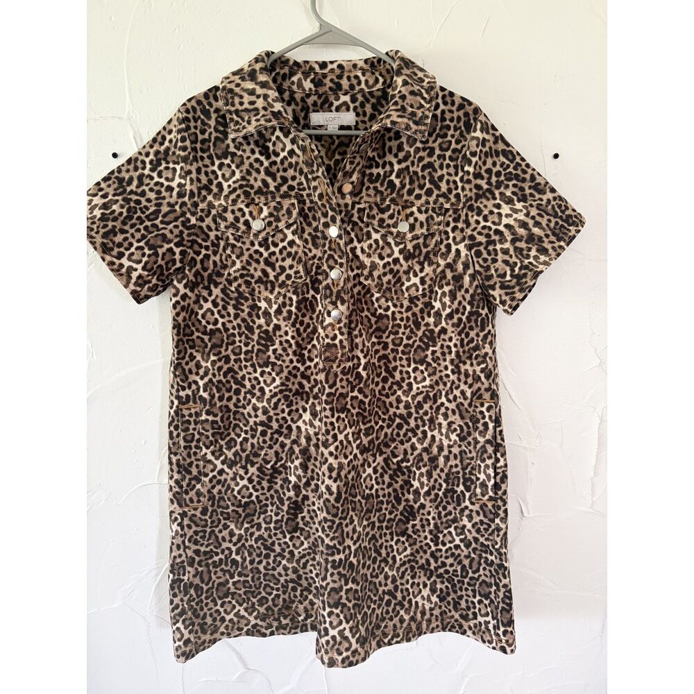 Loft Leopard Print Mini Pocket Dress Denim Work Dress